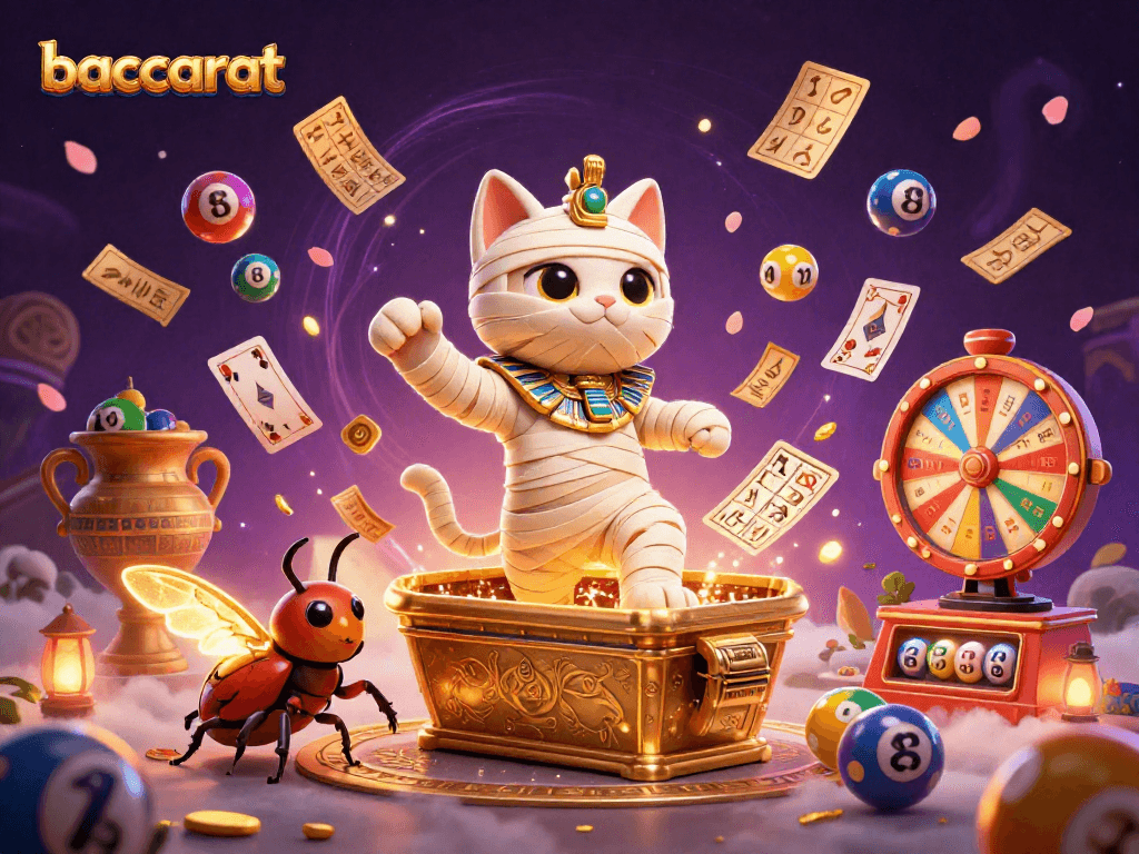 Experience baccarat excitement with our vibrant scene featuring a mummy cat and scarab beetle.