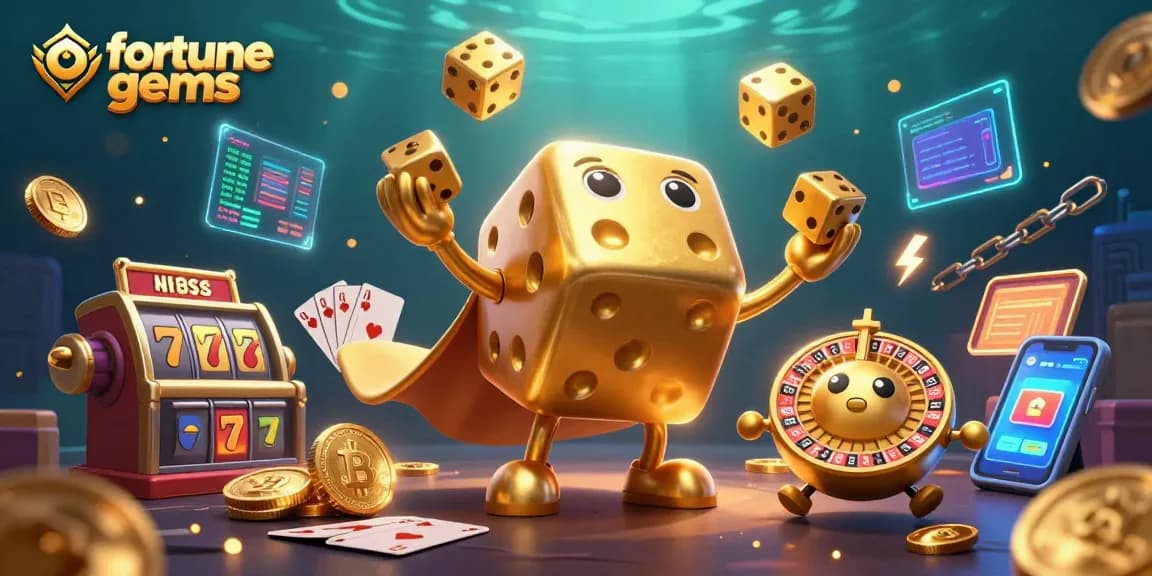 Experience the excitement of fortune gems as golden dice juggle amidst slot reels and cryptocurrency coins.