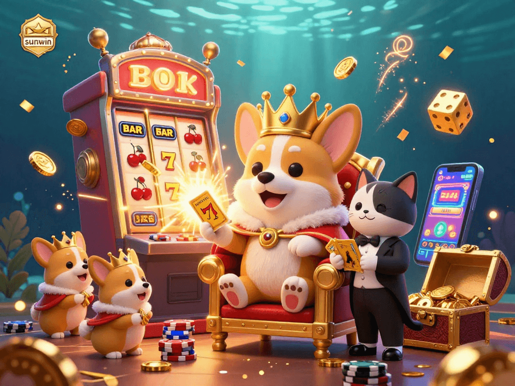 Win big with sunwin in a vibrant casino scene featuring cartoon corgis and a jackpot explosion.