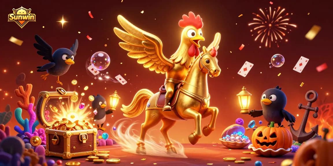 Experience the thrill of sunwin casino with rich treasures and gaming excitement in vibrant illustration.