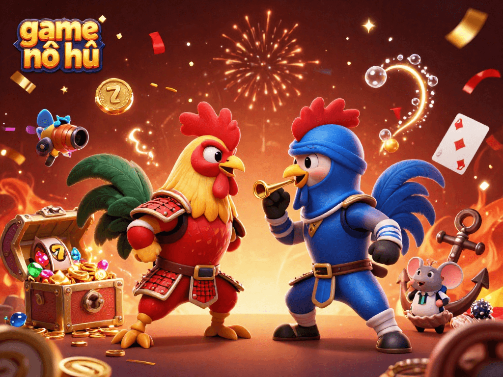 Experience thrilling game nổ hũ with dynamic roosters amidst colorful casino elements and jackpots.