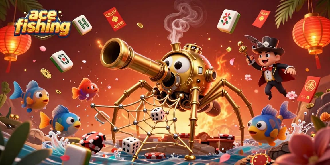 Ace fishing action with a steampunk spider capturing dice in a vibrant underwater scene filled with sea creatures.