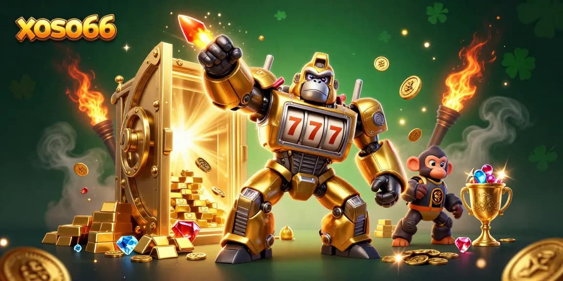 Experience xoso66 with an explosive gorilla mech amidst a treasure-filled casino adventure.