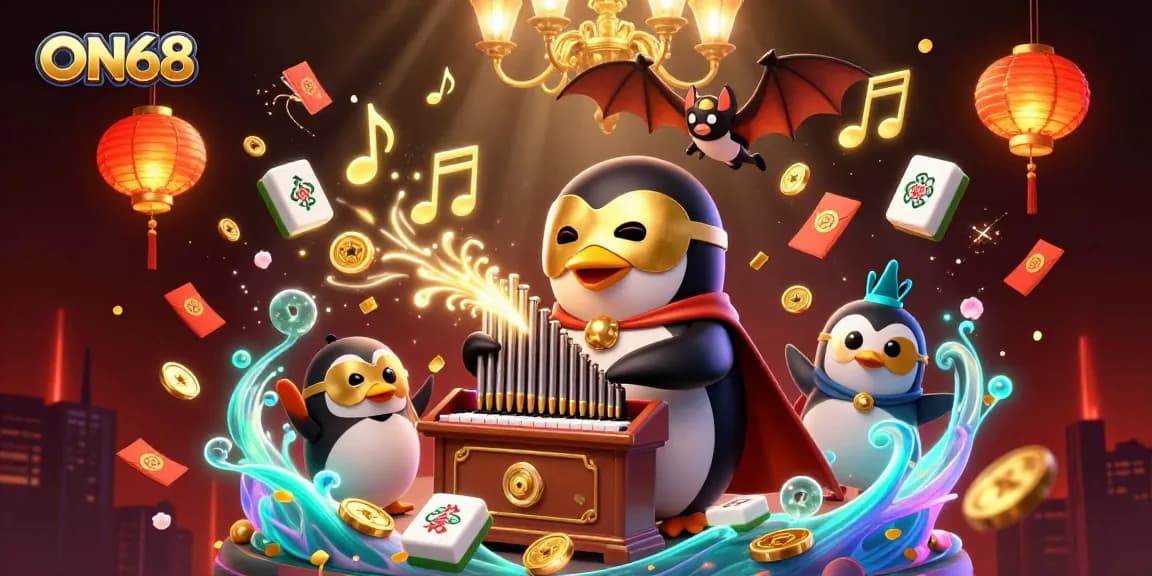 Experience the excitement of ON68 with a vibrant 3D casino illustration featuring a penguin organist, golden coins, and festive symbols.