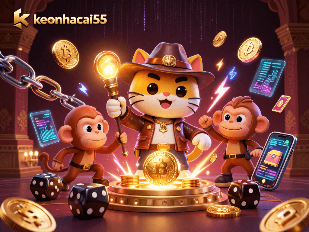 Join the adventure at keonhacai55, where an explorer cat uncovers crypto treasures in a vibrant casino.