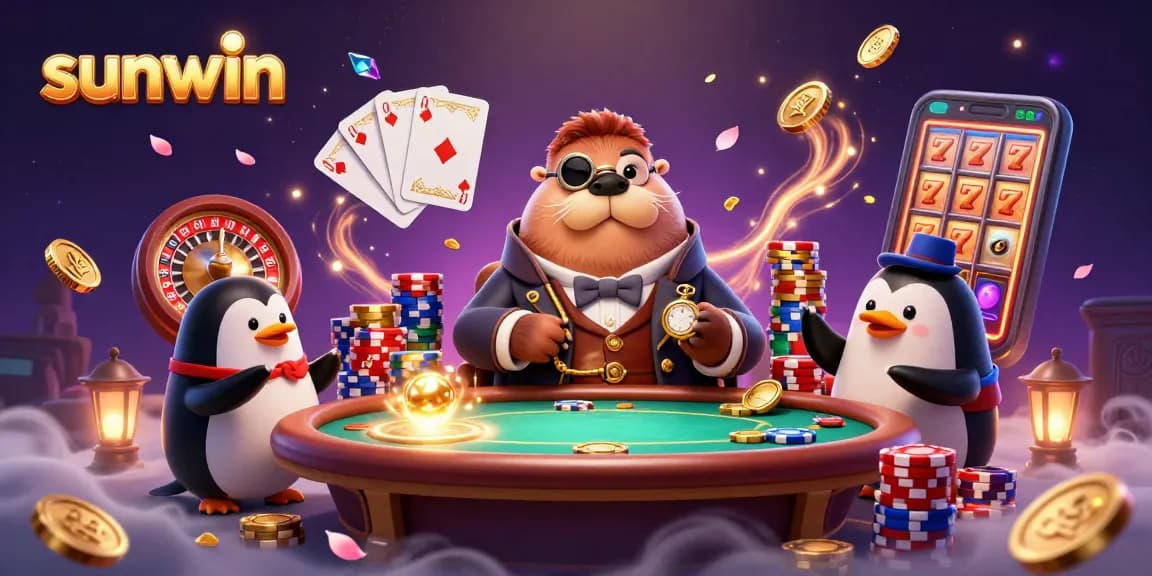 Experience thrilling gaming at Sunwin with animated characters and vibrant casino elements in a dynamic scene.