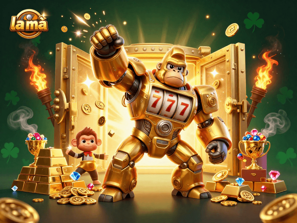Experience the excitement of la mã with a dynamic 3D rendering of a golden mech gorilla amidst casino treasures.