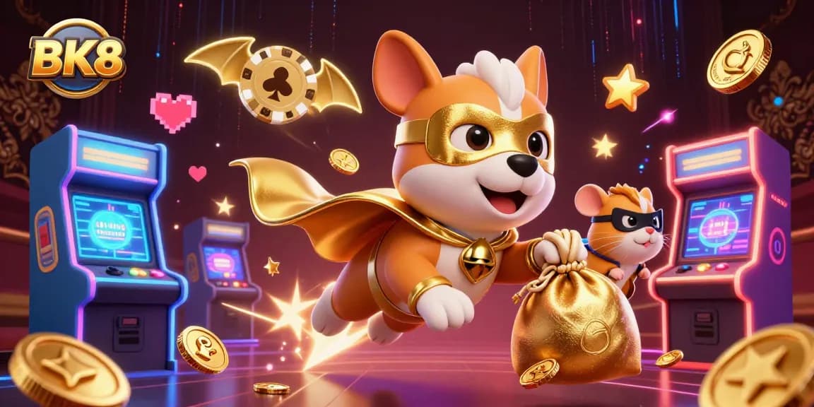 Experience BK8 excitement as a superhero dog soars with gold coins in a vibrant casino scene.