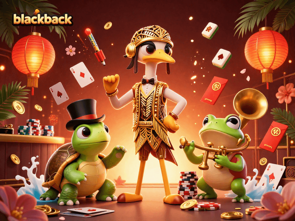 Experience thrilling blackjack games with vibrant characters in a lively casino scene.