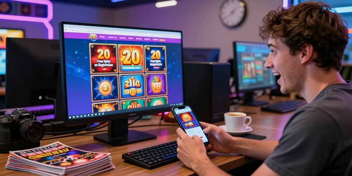 Player exploring free spins on registration UK promotions at an online casino, vibrant screen showcasing slot games.