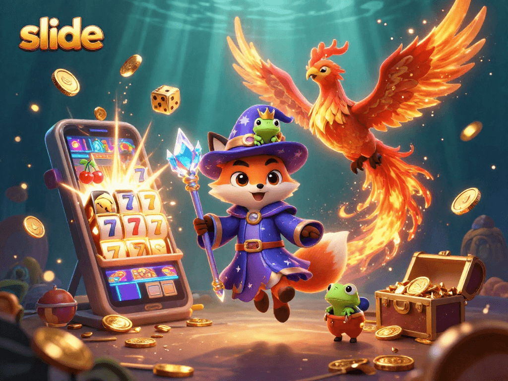 Engage with Slide’s thrilling gameplay in this vibrant casino-themed illustration featuring enchanting characters.