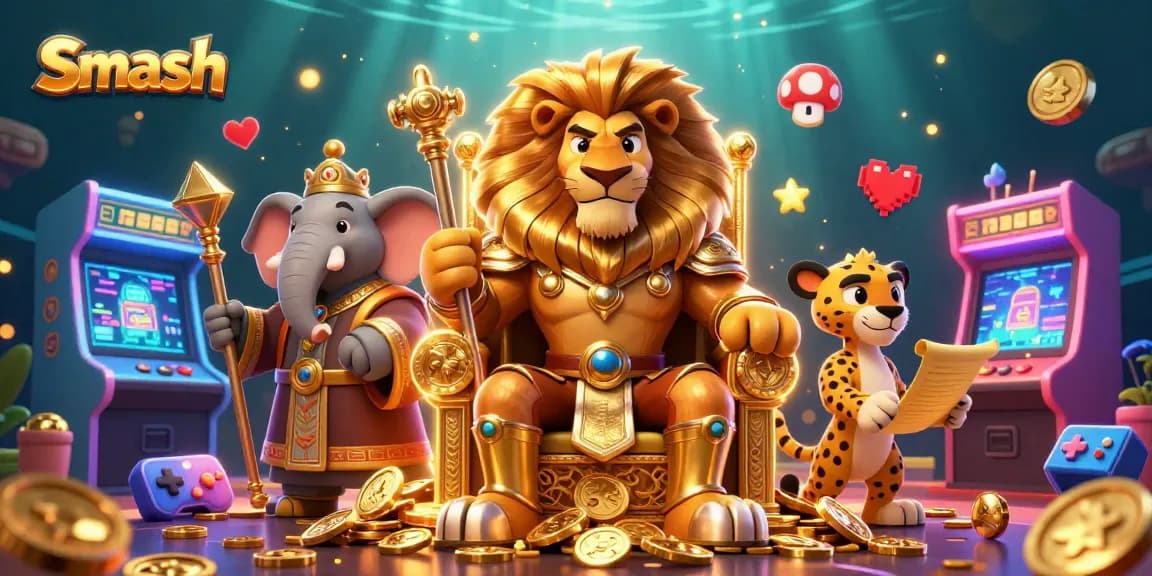Smash Casino showcases thrilling gameplay with a vibrant lion king, advisor, and messenger in action.