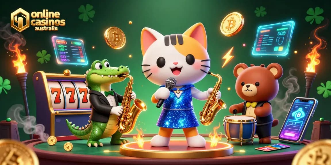 Engage with online casinos Australia through a vibrant jazz performance featuring a singing cat, a sax croc, and a drumming bear.
