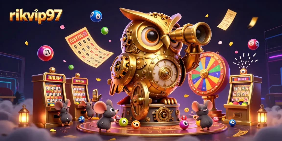rikvip97 showcases dynamic casino excitement with a golden owl amidst vibrant games and lottery elements.