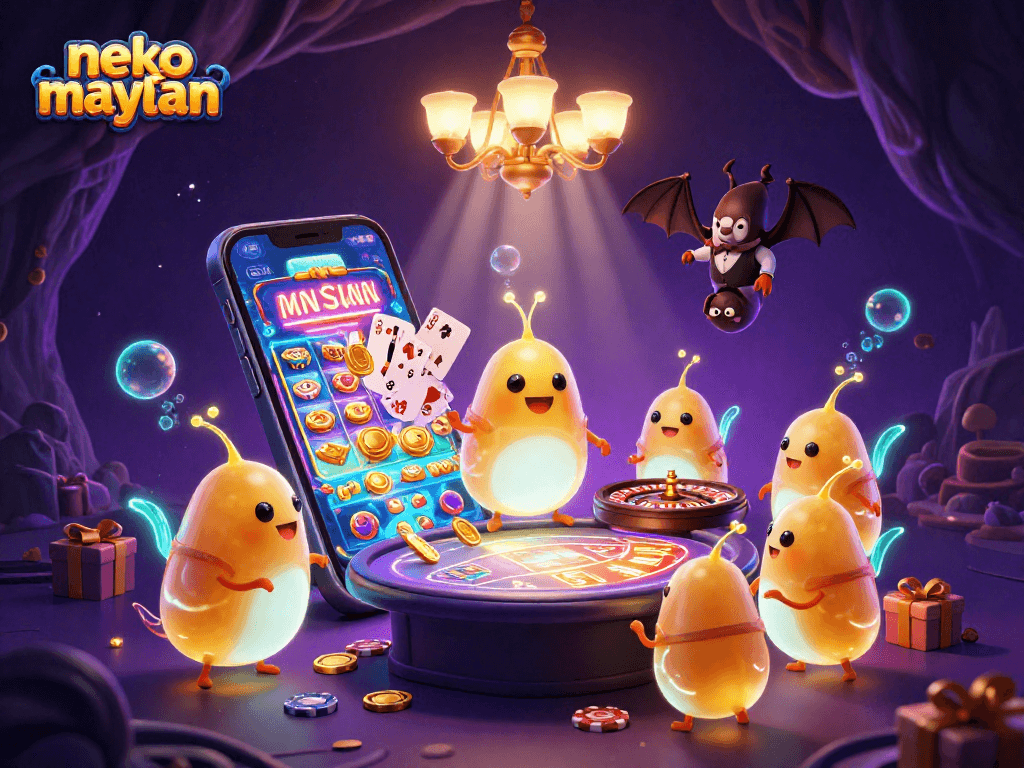 Spin the reels in Neko May Mắn, illuminated by glowworms and a bat dealer in a vibrant cave casino.
