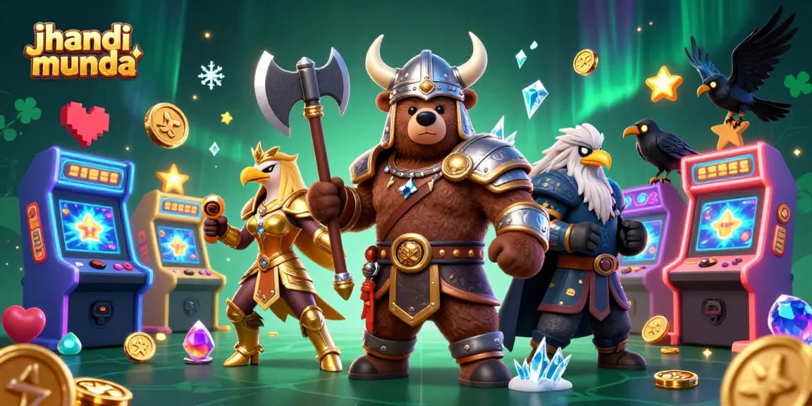 Play jhandi munda with a Viking bear and Valkyrie eagle in an engaging casino scene.