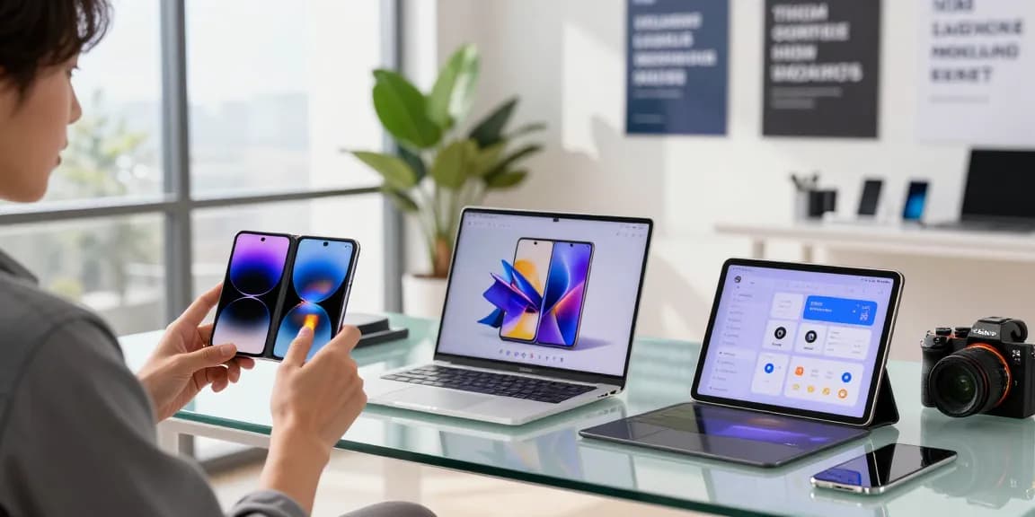Showcasing foldable phones 2026 on a modern tech desk with vibrant displays and accessories.