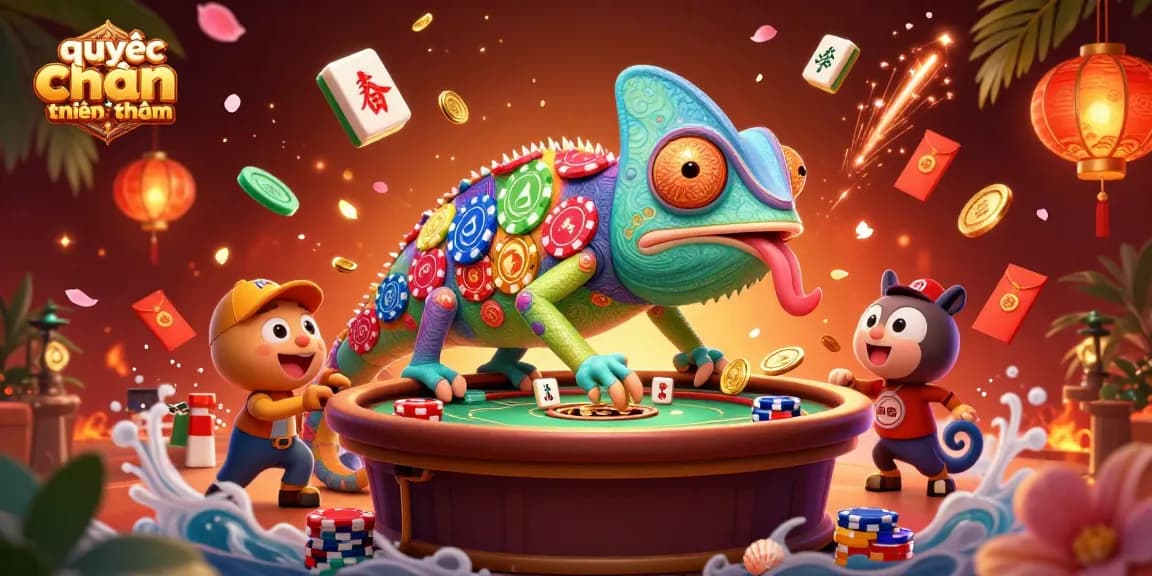 Engage in quyết chiến tiền thưởng action where a vibrant chameleon casino owner collects golden coins amidst festive gaming elements.