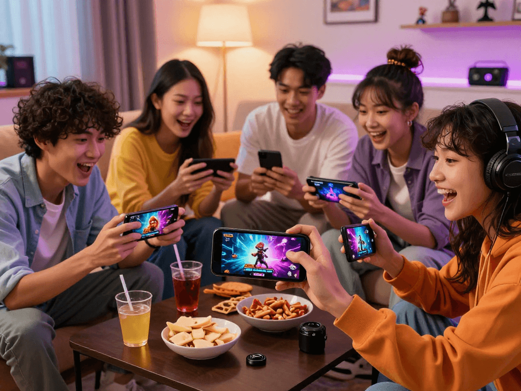Engaged friends playing mobile porn games on smartphones in a cozy living room setting.