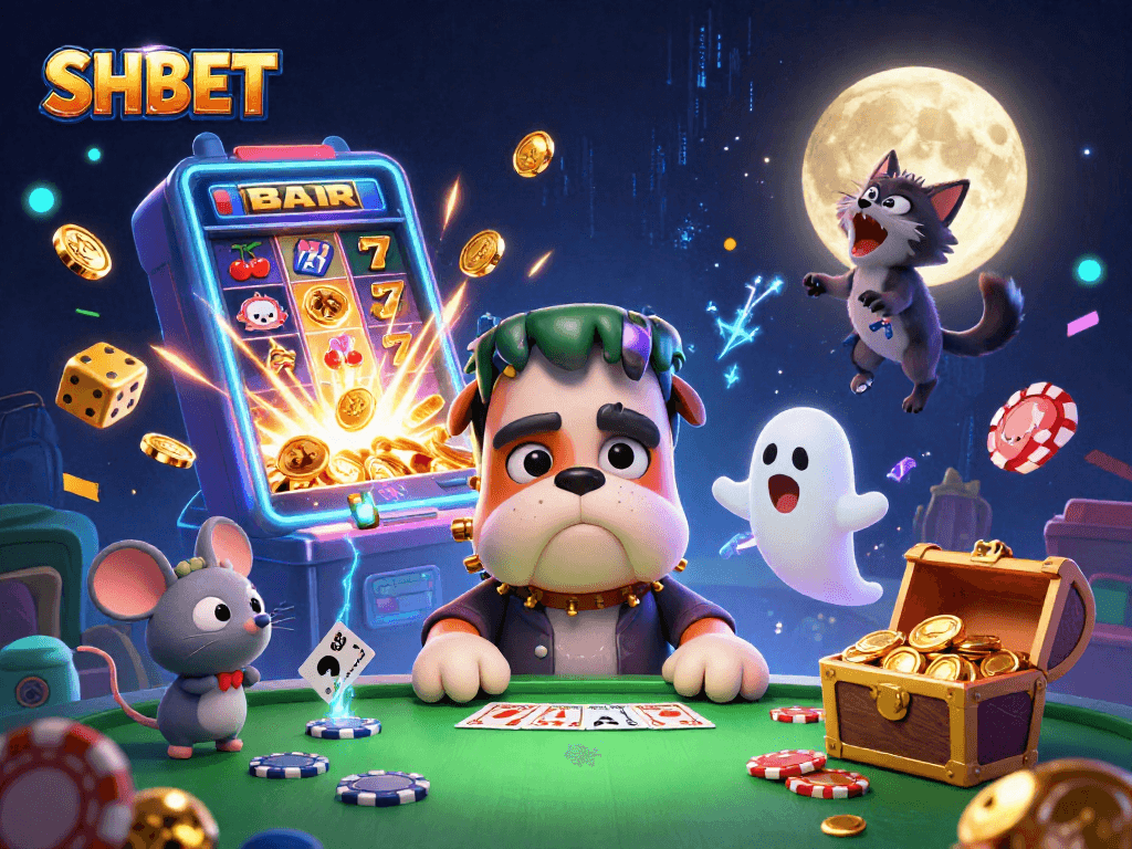 Engage with SHBET as a Frankenstein bulldog dealer amidst thrilling casino elements in a dynamic 3D illustration.