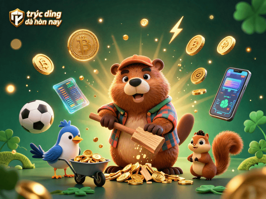 Experience trực tiếp bóng đá hôm nay and enjoy exciting sports betting action with vibrant illustrations of golden coins and dynamic characters.