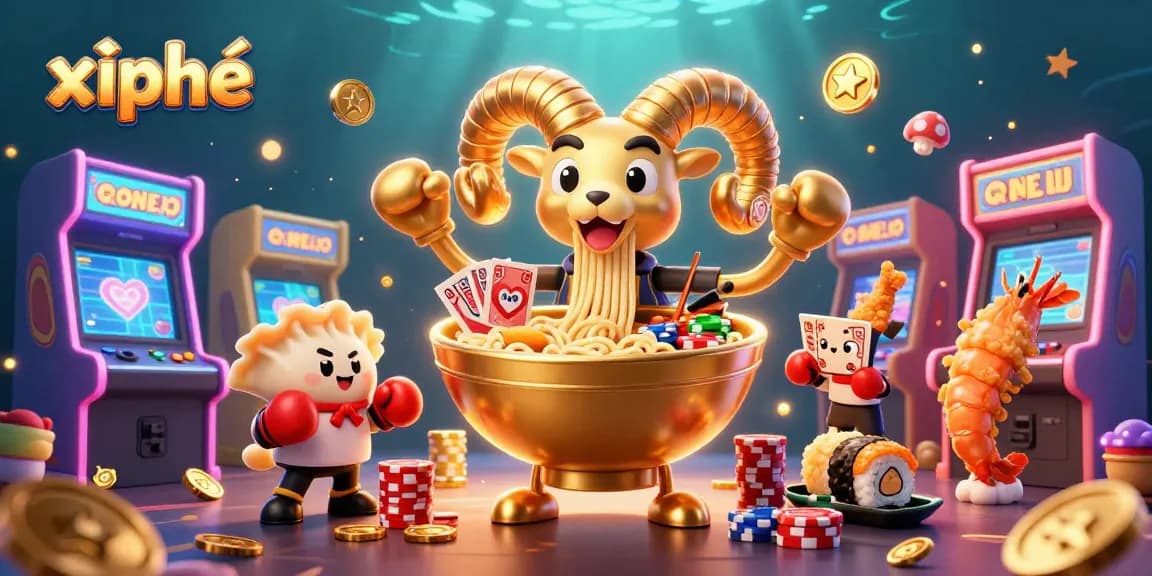 Experience thrilling action with xì phé as a giant ramen bowl deals cards among colorful arcade elements.