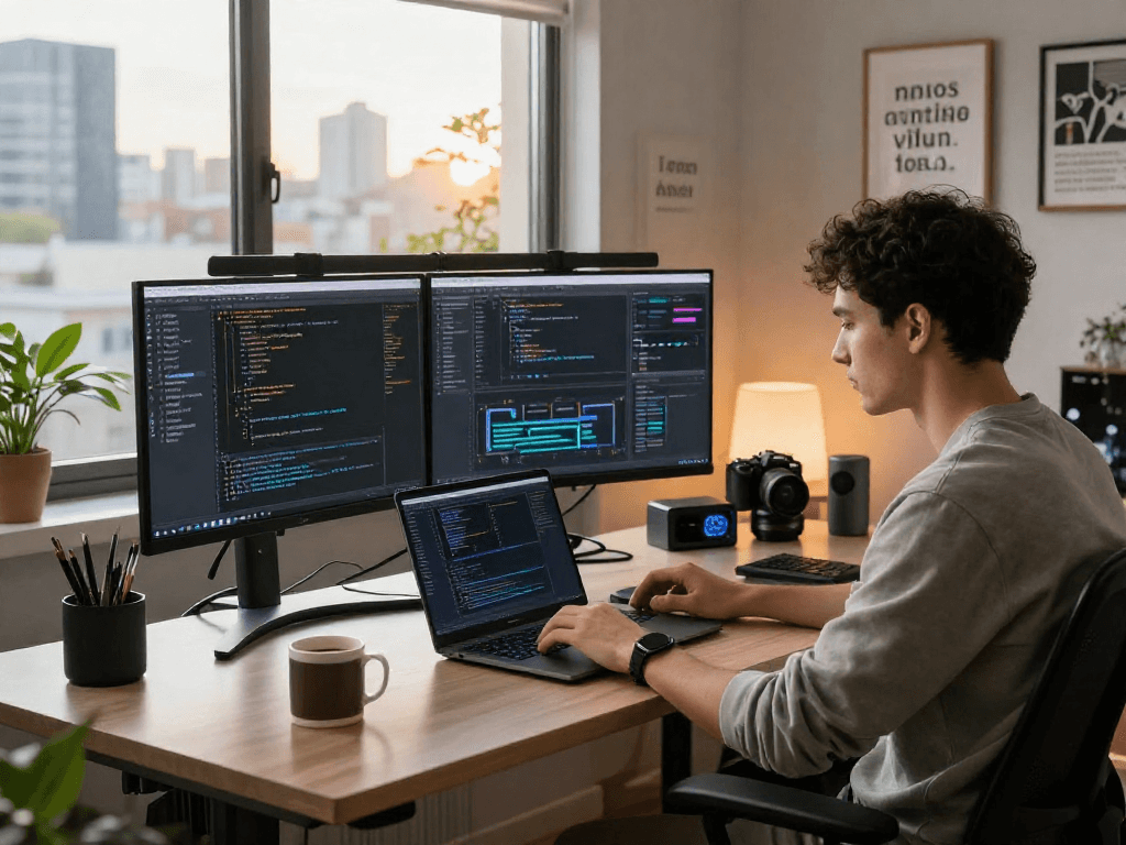 Dynamic workspace illustrating nsfw ai with developer coding, advanced interfaces, and urban skyline.