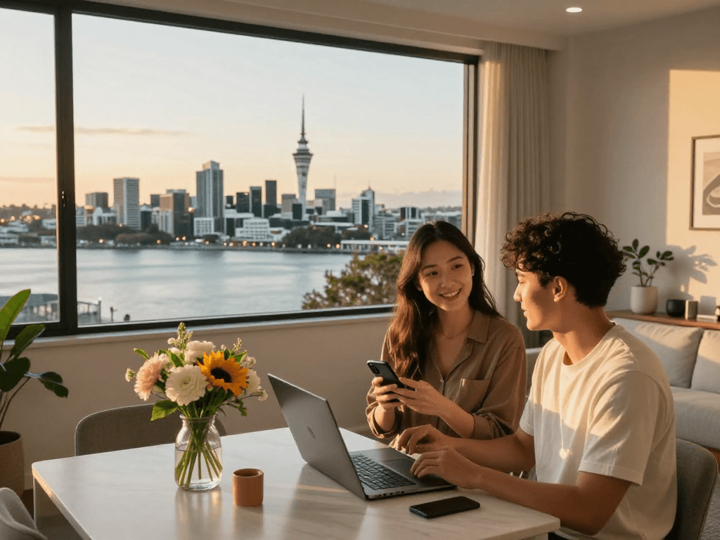 A couple discussing airbnb management auckland strategies in their modern rental with stunning views.