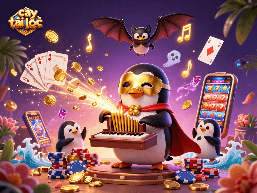 Spin to win big with cây tài lộc, where golden coins rain down in a vibrant casino scene.
