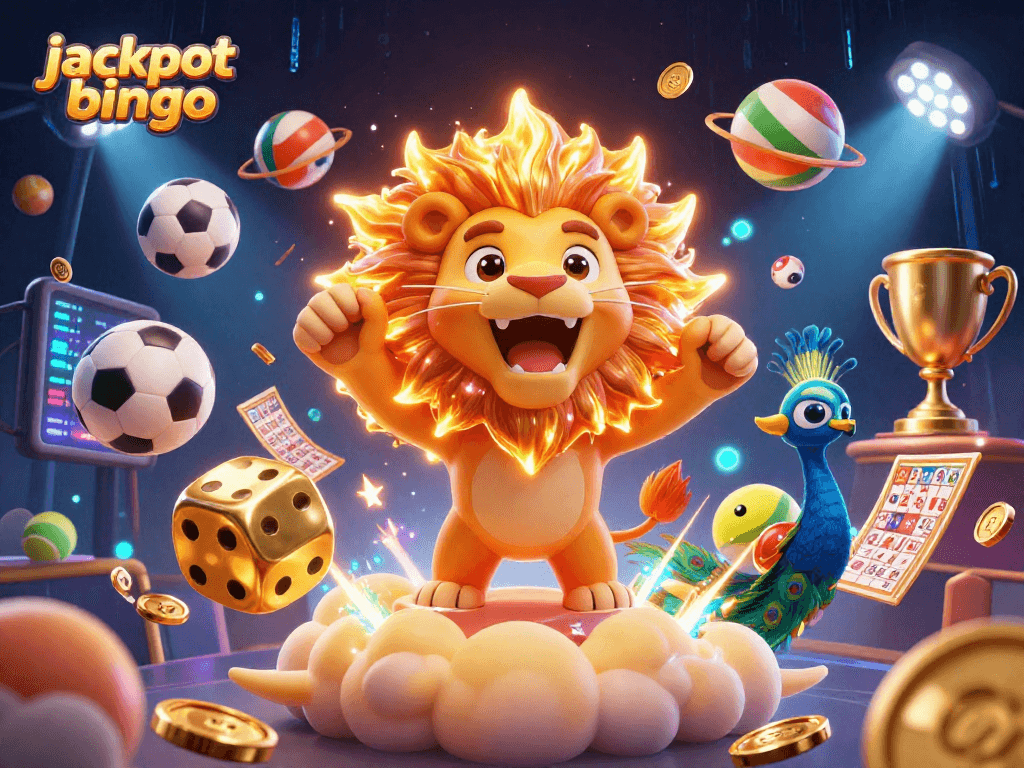 Experience jackpot bingo thrills with a vibrant 3D illustration showcasing festive elements.