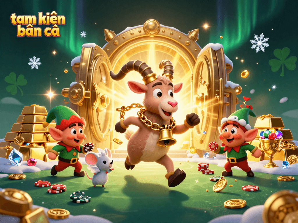Engage in tam tiên bắn cá with vibrant characters in a festive casino scene full of treasures.
