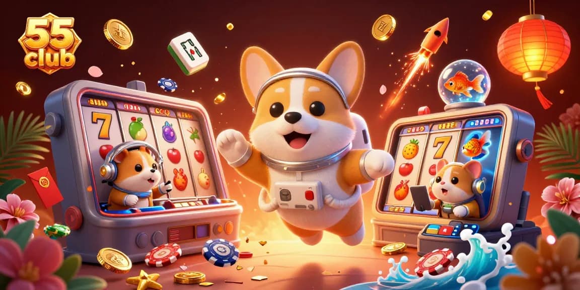 Experience the thrill of the 55 club with our animated space casino featuring vibrant slot reels and dynamic characters.