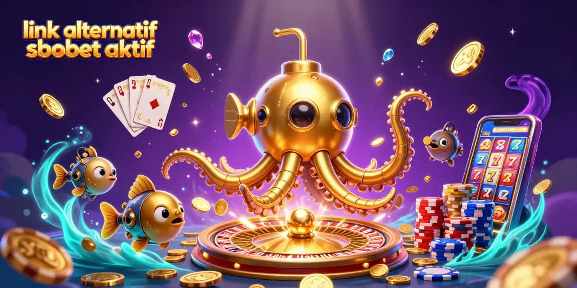 Engage with link alternatif sbobet aktif: a vibrant 3D underwater scene depicting a golden kraken and casino elements.