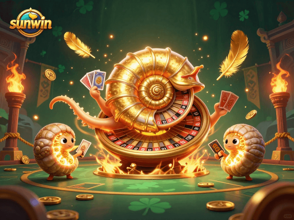 Engage with sunwin's vibrant 3D casino scene featuring a giant nautilus roulette wheel and golden ambiance.