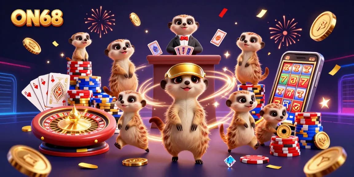 Engage with ON68's thrilling casino adventures featuring meerkats in a vibrant gaming scene.