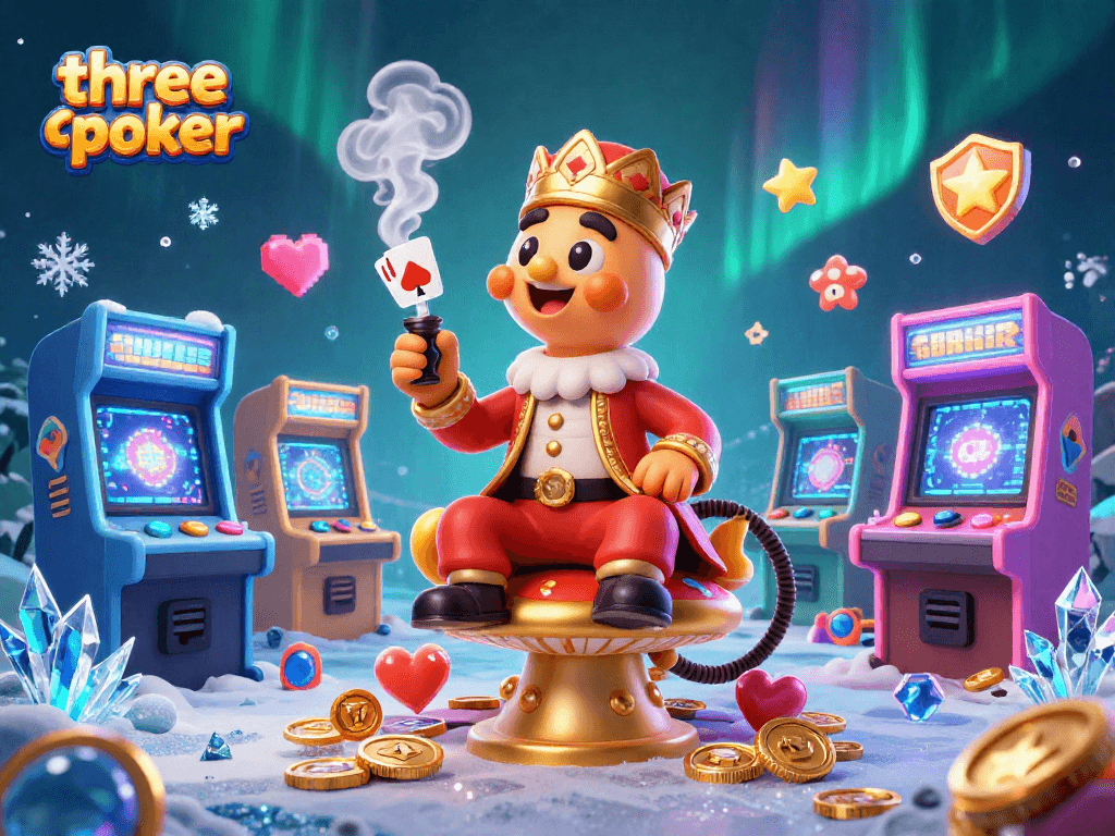 Experience the excitement of three card poker with a vibrant 3D illustration featuring dynamic characters and gaming elements.