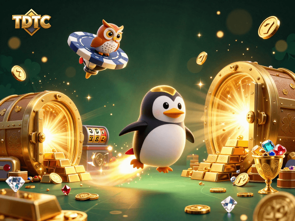 Experience TDTC thrills with a golden penguin in a vibrant casino cosmos.