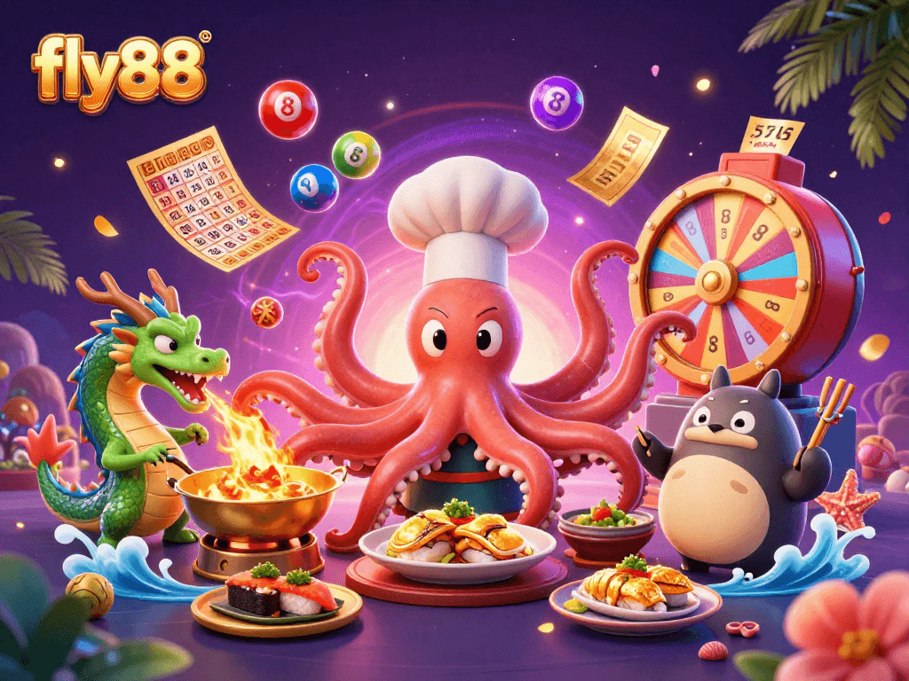 Fly88's engaging scene featuring a sushi chef octopus, dragon, and tanuki amidst vibrant gambling elements.