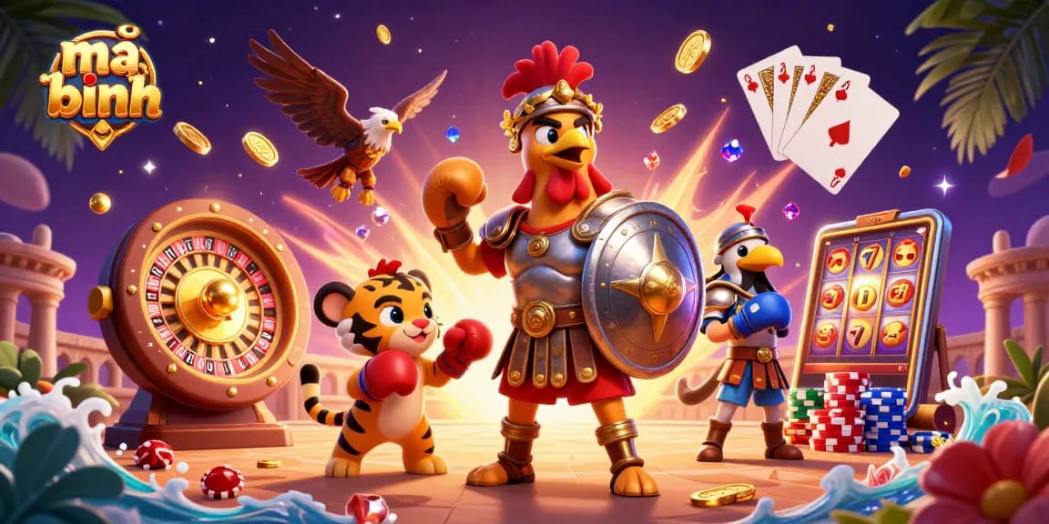 Engage in mậu binh with animated characters surrounded by casino-themed elements.