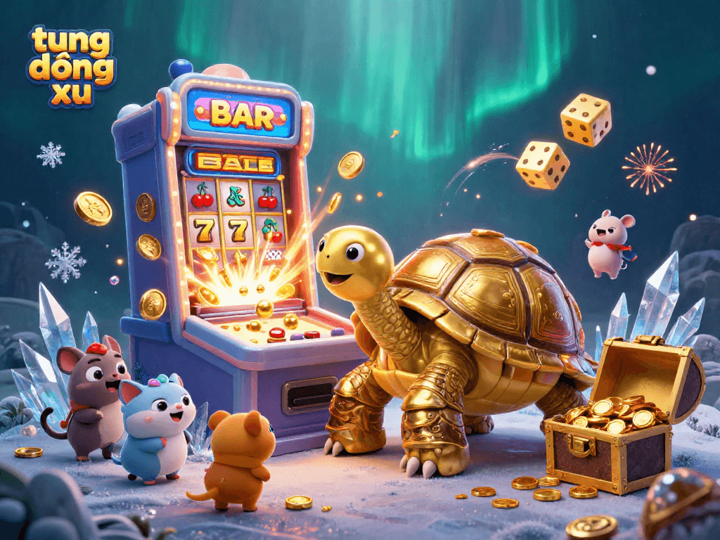 Engage in the thrill of playing tung đồng xu with a vibrant 3D scene of a golden tortoise pinball machine and dynamic slot elements.