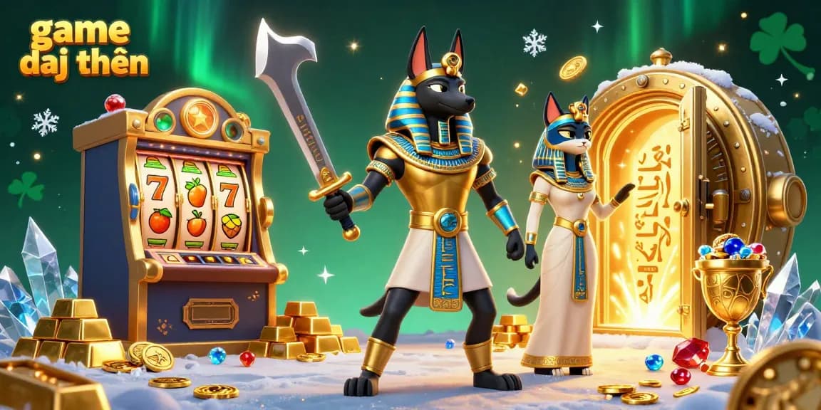 Experience the excitement of game đổi thưởng with Anubis and Bastet guarding treasures in a vibrant casino world.