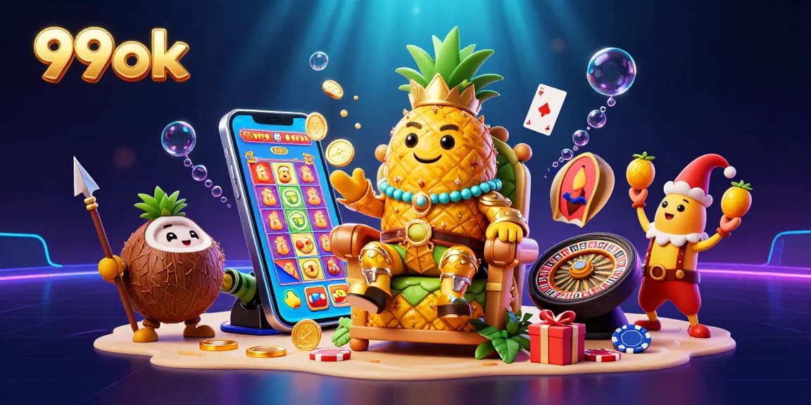 Engage with 99ok's vibrant casino scene featuring a golden pineapple king and lively game elements.
