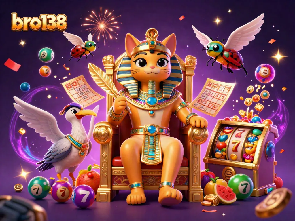 Spin the reels and win with bro138, a vibrant 3D illustration featuring a pharaoh cat and dynamic lottery balls.