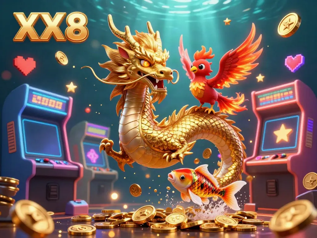 Win big with XX 8, featuring a dynamic 3D dragon and phoenix in an online casino setting.