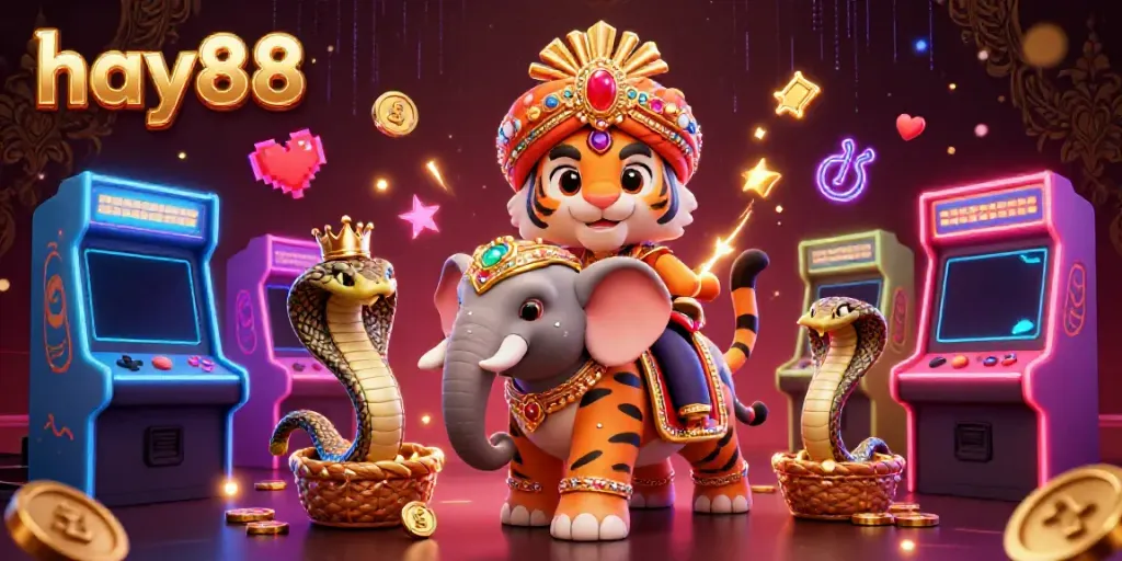 Experience the vibrant world of hay88 with a 3D maharaja tiger and gem elephant in a casino-themed scene full of arcade excitement.