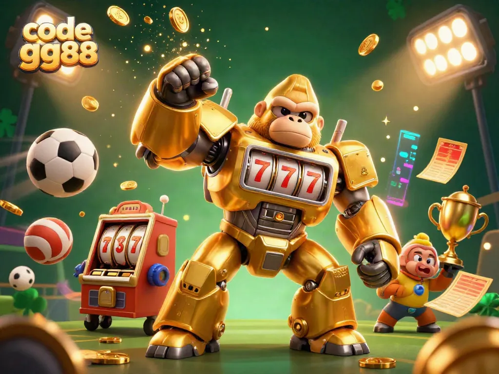 Experience the excitement of code gg88 in a vibrant, high-energy 3D casino scene with a dynamic golden gorilla mech.