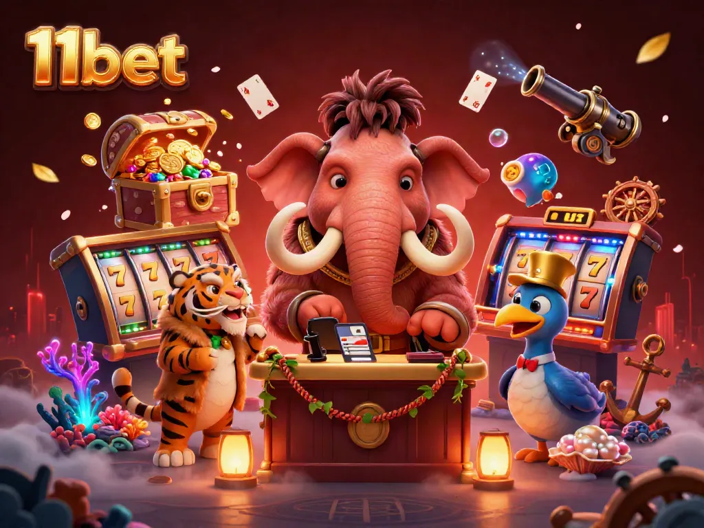 Visualize the captivating atmosphere of 11bet casino with vibrant characters and dynamic slot elements.