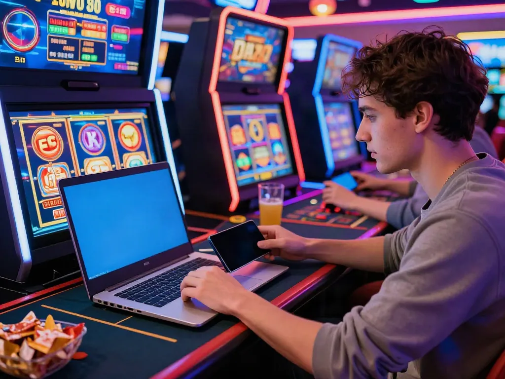 User engaging with DA88 online casino games on laptop in vibrant atmosphere.
