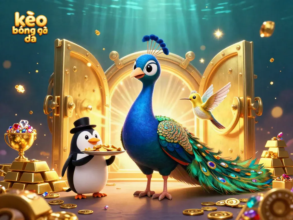 Engaging scene of kèo bóng đá with colorful 3D animals celebrating amidst golden treasures and shimmering gems