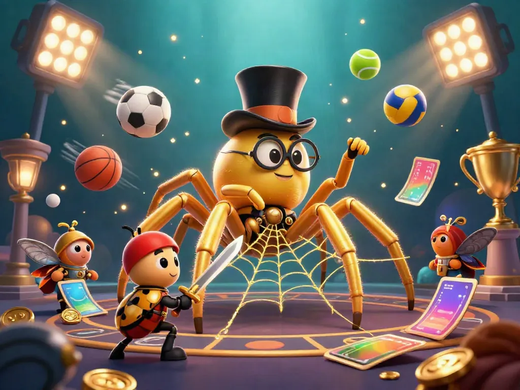 S8 casino scene showcasing a golden tarantula and beetle knight with vibrant sports elements in action.